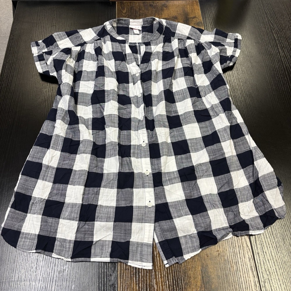 Isabel Maternity Navy White Check Plaid Long Line Button Front Blouse Medium